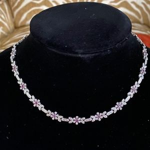 Silver Flower, Amythest and Clear Crystal Necklace